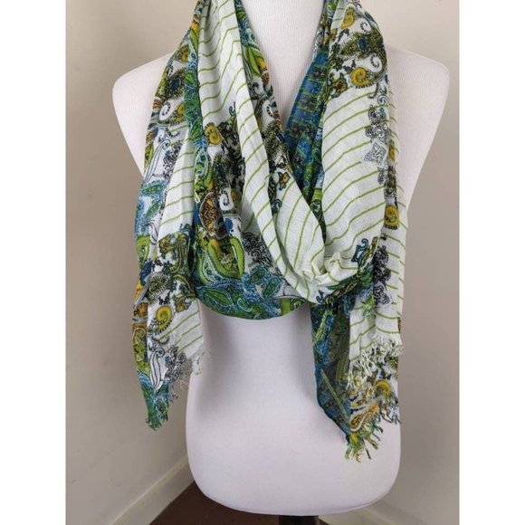 Vtg 70s Blue Green Yellow Boho Scarf with Fringe | Hippie Abstract Paisley Wrap - Picture 1 of 4